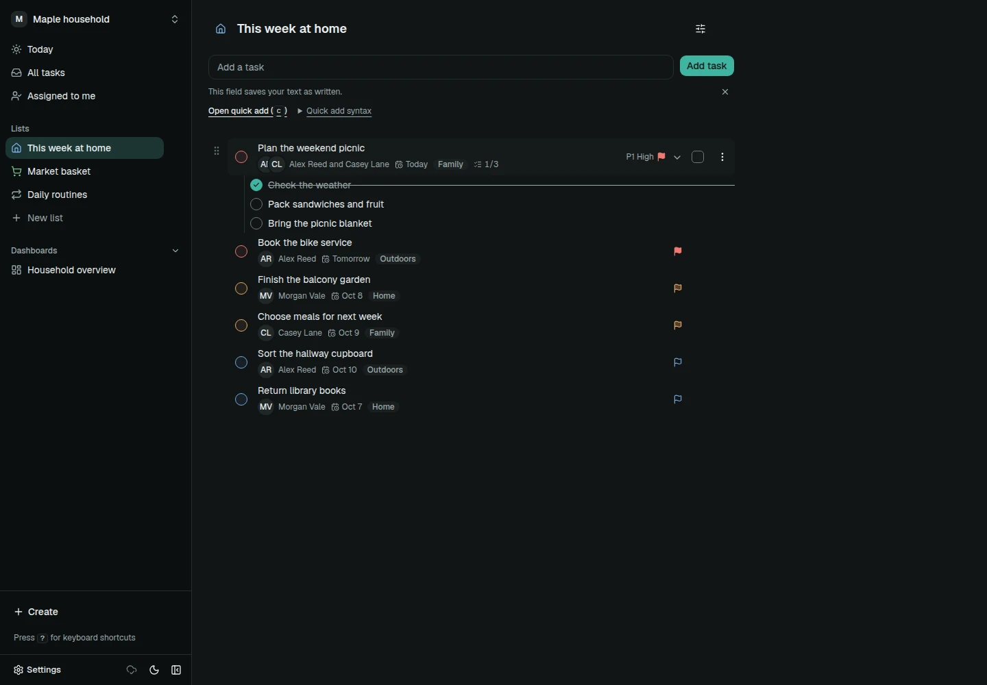The Ditero web app showing a shared list with example tasks.