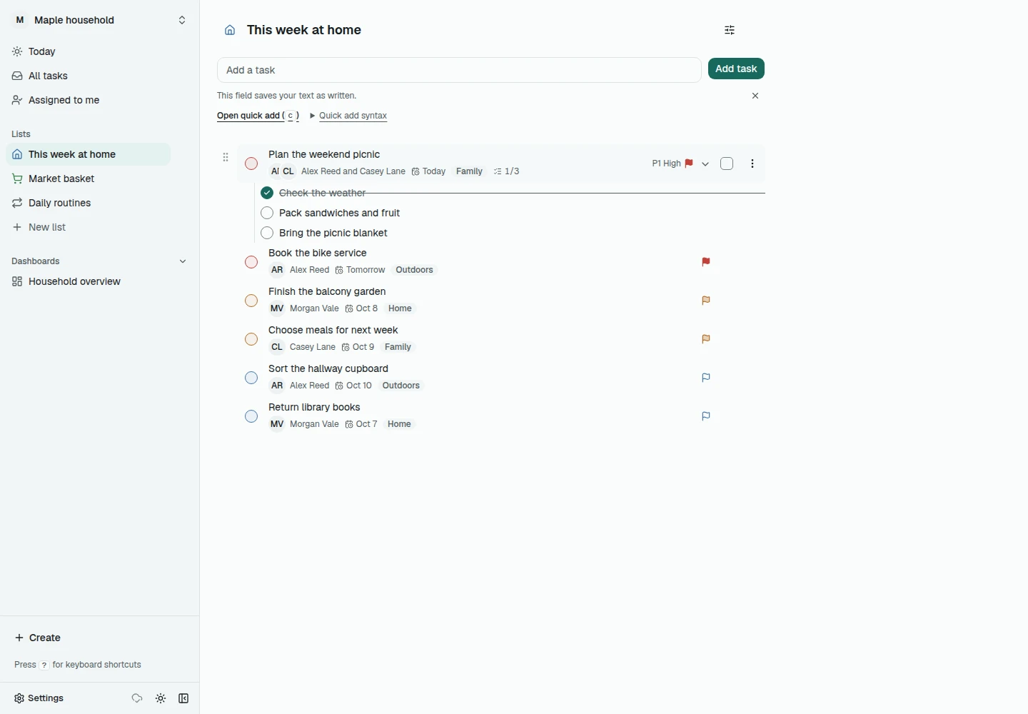 The Ditero web app showing a shared list with example tasks.