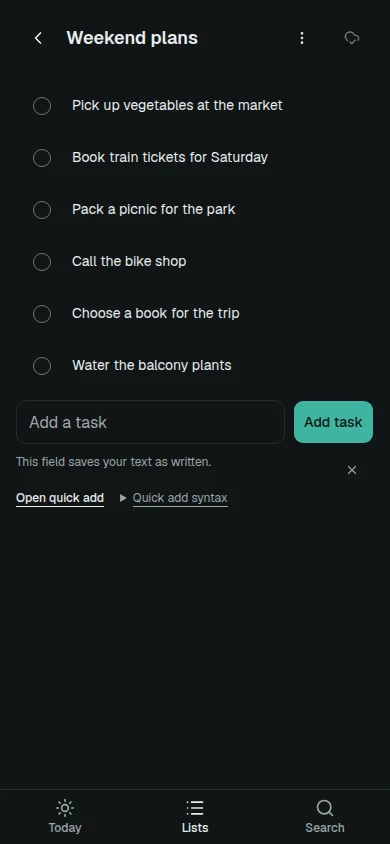 The Ditero mobile app showing a shared list with example tasks.