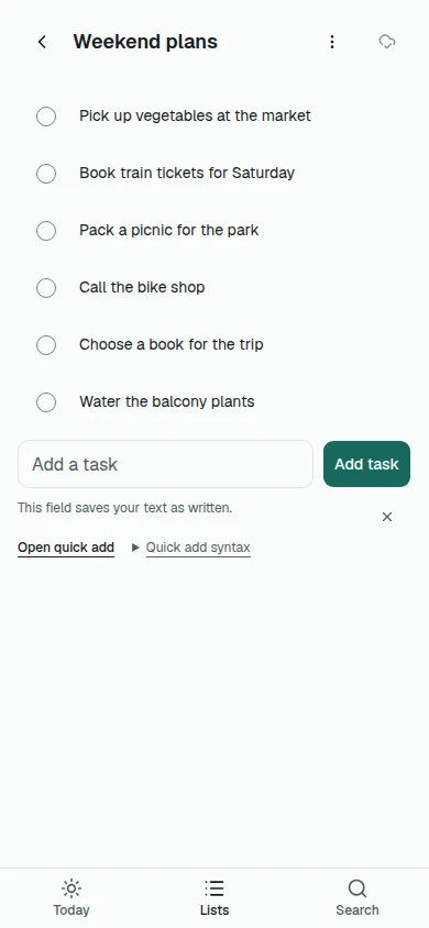 The Ditero mobile app showing a shared list with example tasks.